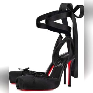 Christian Louboutin Cassia Lace Up 100 Black Tie Ballet Sandal Heel Pump 40